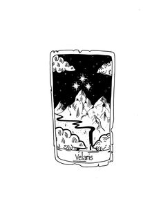 a black and white drawing of mountains with stars in the sky