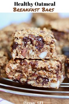 healthy oatmeal breakfast bars stacked on top of each other with text overlay