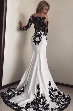 Elegant Long Sleeves Mermaid White Black Lace Appliques Satin Prom Dresses sold by SheDress on Storenvy Cheap Prom Dresses Uk, فستان سهرة, Gothic Wedding, Satin Prom Dress, Black Wedding Dresses, Prom Dresses Long With Sleeves, Black Lace Dress, Long Bridesmaid Dresses, Cheap Prom Dresses