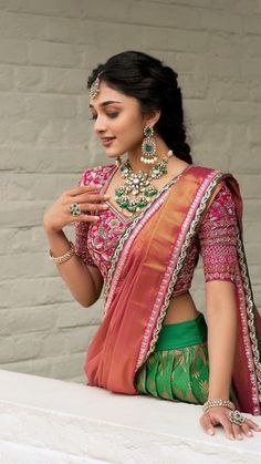 Traditional Half Saree, Diwali Jewellery, Langa Voni, Lehenga Saree Design, Bridal Sarees South Indian, Blouses Designs, Half Saree Lehenga, Bride Costume, Indian Outfits Lehenga