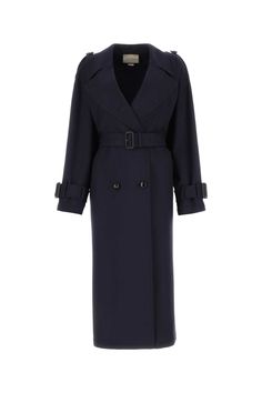 100% Wool Gucci Trench Coat, Gucci Coat, Blue Trench Coat, Navy Coat, Gucci Outfits, Wool Trench Coat, Double Breasted Trench Coat, Belted Trench Coat, Coat Women