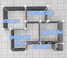 an overhead view of a room with the words bathroom, entrance area, garden and kitchen