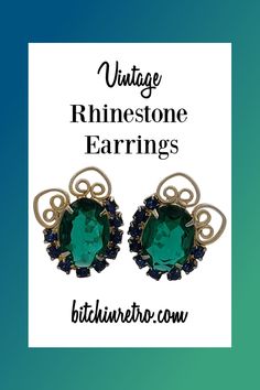 Classic color combination of emerald green and navy blue. The depth and facets on these ginormous rhinestone earrings give them an enchanting quality. Holiday worthy pizzazz.

Available for Sale at BitchinRetro.com Juliana Jewelry, Filigree Jewelry, Jewelry Heart