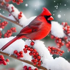 a red bird sitting on top of a snow covered branch with berries and berries all around it