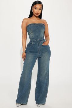 Casual Medium Wash Strapless Denim Jumpsuit, Fitted Denim Strapless Jumpsuits And Rompers, Casual Strapless Denim Jumpsuit, Strapless Medium Wash Denim Jumpsuit For Spring, Strapless Fitted Denim Jumpsuits And Rompers, Strapless Fitted Denim Jumpsuits, Casual Medium Wash Fitted Strapless Jumpsuit, Medium Wash Fitted Strapless Jumpsuit Casual, Casual Fitted Medium Wash Strapless Jumpsuit