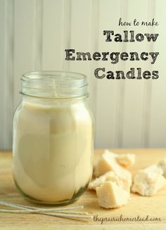 a glass jar filled with yellow emergency candles next to marshmallows on a wooden table