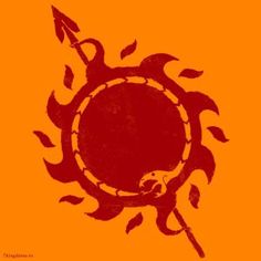 an orange background with a black and red sun