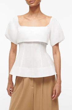 STAUD Palmero Corset Top | Nordstrom Modern Fitted Cropped Blouse, Summer Tops With Fitted Bodice And Square Neck, Fitted Puff Sleeve Top For Summer Workwear, Chic Fitted Puff Sleeve Padded Top, Fitted Top With Straight Neckline, Chic Stretch Blouse With Square Neck, Chic Square Neck Stretch Blouse, Chic Stretch Square Neck Blouse, White Fitted Blouse With Square Neck