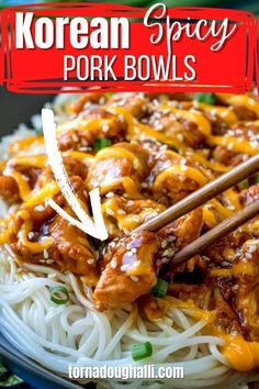 korean spicy pork bowls with chopsticks on top