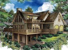 this is an artist's rendering of a house in the woods with porches and balconies