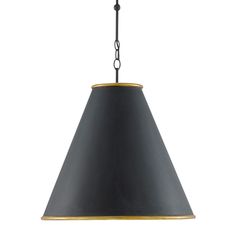 a black and gold pendant light hanging from a chain on an isolated white wall or ceiling