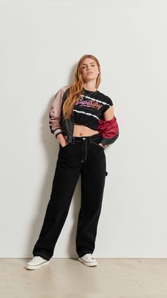 Crop tees, baseball jackets and carpenter jeans. Laidback style from Sueprdry Carpenter Jeans, Baseball Jacket, Laid Back Style, Crop Tee, Dress Outfits