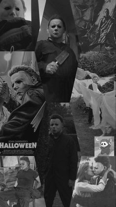 the poster for halloween is shown in black and white, with images of people dressed as characters