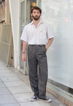 Vintage 80's striped pleated office pants in high rise & loose fit 100% wool made Size: W30L32 Zipper fly *VINTAGE CONDITION: 9/10 MEASUREMENTS (cm/in) - Waist perimeter: 76cm / 30in - Hips perimeter: 100cm / 39in - Inseam: 85cm / 32in - Rise: 30cm / 11.5 - Length: 115cm / 45in -> 14 b-days return window >Shipping Cost National (Greece):  +3€ with ELTA COURIER Europe : 7.5€ tracked DHL ( 5 to 6 b-days delivery time) NEXT DAY DELIVERY: 15.5€ DHL express  USA/CANADA: 13.4$ tracked with Hellenic Po Office Pants, Dhl Express, Loose Fitting, Mens Outfits, Pants, How To Wear, Clothes, Trousers