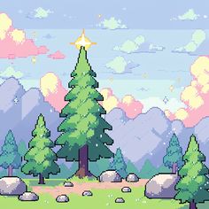 a pixelated landscape with trees and rocks in the foreground