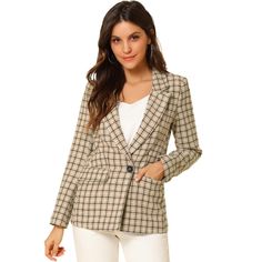 Pump up your power suit look with this plaid Blazer. Classic plaid pattern with notched lapel and one button closure blazer. Cut a little long to look great over midi skirts or skinny jeans. Pair with jeans for a casual look, or pair it with a smart midi skirt for a boss lady vibe. All prepped up for the coming season, this classic blazer is loaded with styling options. Cropped Blazer Jacket, Plaid Suit, Boyfriend Blazer, Houndstooth Blazer, Power Suit, Classic Blazer, Midi Skirts, Womens Blazers, Long Sleeve Blazers