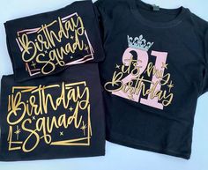 three birthday tshirts with the number twenty five and two crowns on them, all printed in gold and black