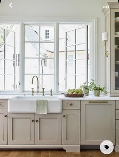 a kitchen sink sitting under a window next to a bowl of fruit on top of a counter