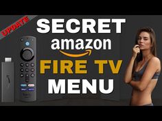 a woman standing next to a fire tv remote control and the words secret amazon on it