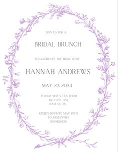 the bridal brunch is shown in purple and white, with an ornate frame on