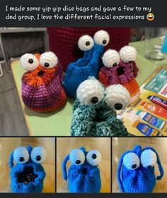 the crocheted items are all different colors and sizes, but they have eyes