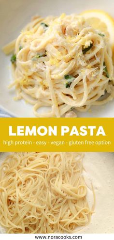 lemon pasta in a white bowl with text overlay