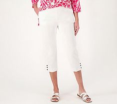 Elevate your warm weather work wardrobe with these classic capri pants. The button detail at the hem is a decorative touch that adds spice to this style. From Susan Graver. Cropped Leg Workwear Bottoms With Buttons, Knee-length Summer Bottoms With Buttons, Casual Spring Pants With Snap Buttons, Casual Cropped Leg Bottoms With Buttons, Casual Capris With Button Closure, Spring Cropped Leg Pants With Buttons, Stretch Pants With Button Closure For Summer, Casual Bottoms With Side Buttons For Spring, Casual Stretch Bottoms With Button Cuffs