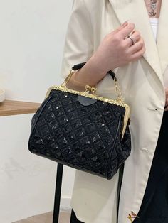 BirdinBag - Chic Black Clutch: Fashion-forward Simplicity with an Elegant Shine Black Square Satchel For Party, Elegant Satchel With Hasp Closure For Party, Elegant Party Satchel With Hasp Closure, Party Satchel Bag With Hasp Closure, Novelty Bags, Black Clutch, Word Wrap, White Space, Black Pattern