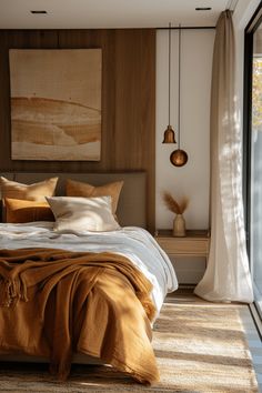 a large bed sitting next to a window in a room with wooden paneling on the walls