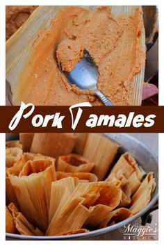 pork tamales in a pan with the title text overlay reads pork tamales