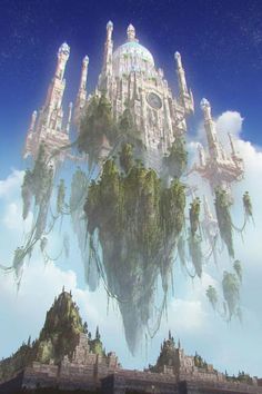 an image of a castle in the sky with trees growing out of it's sides