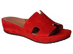 L'Amour Des Pieds Catiana - Women's Shoes : Red : Add a fun element to your casual look by slipping into the L'Amour Des Pieds Catiana sandals. Lightweight, wedge heel sandals featuring leather upper with cutout detailing. Leather lining with Memory Foam footbed ensures enhanced comfort. Open round toe silhouette. Easy slip-on style. Flexible rubber outsole. Imported. Measurements: Heel height: 1.5; Weight: 8 oz. Weight of footwear is based on a single item, not a pair. Summer Platform Slippers With Leather Footbed, Summer Suede Open Toe Platform Slippers, Summer Open Toe Suede Platform Slippers, Summer Wedge Heel Slides With Arch Support, Summer Slides With Arch Support And Wedge Heel, Casual Beach Sandals With Deep Heel Cup, Summer Leather Mules With Ortholite Insole, Modern Suede Mules For Summer, Modern Beach Wedge Sandals With Leather Footbed