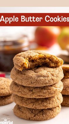 apple butter cookies stacked on top of each other with the title overlay above it