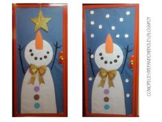 two doors decorated with snowmen, one wearing a hat and the other holding a star