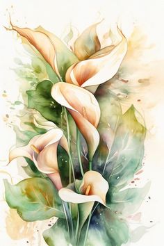 watercolor painting of flowers with green leaves