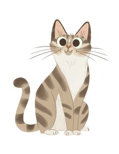 a drawing of a cat with big eyes sitting down and looking up at the camera