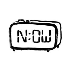 a black and white drawing of a tv with the word now written in cursive writing