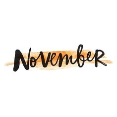 the word november written in cursive writing on a white background with orange and black ink