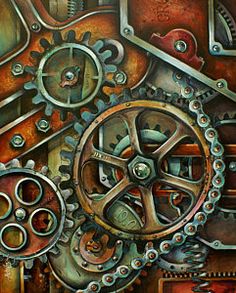 an abstract painting of gears and wheels