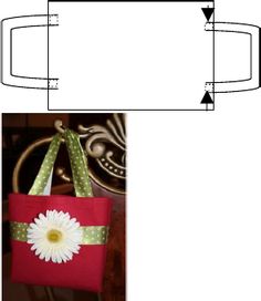 an image of a bag with a flower on the front and bottom side, along with measurements