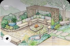 an artistic drawing of a garden with seating and fire pit in the center, surrounded by trees