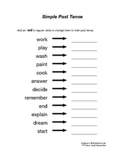 the simple past tense worksheet is shown with arrows pointing to different words and numbers