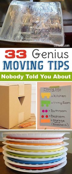 a stack of cardboard boxes with the title 35 genius moving tips nobody told you about