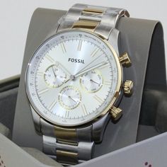 Sale! Fossil Silver Gold Two Tone Mens Watch - Band New With Tags! - Limited Quanity -100% Authentic - Full Retail Package With All Accesories "Let Your Wardrobe Reflect Your Happiness!" :) - M About The Watch: Case Size: 45mm Water Resistance: 5 Atm Strap Width: 24mm Strap Inner Circumference: 200+/- 5mm Timeless Silver Chronograph Watch In Stainless Steel, Timeless Silver Stainless Steel Chronograph Watch, Classic Silver Stainless Steel Chronograph Watch, Classic Silver Chronograph Analog Watch, Timeless Silver Chronograph Watch, Classic Silver Chronograph Watch With Analog Display, Timeless Silver Chronograph Jewelry And Watches, Timeless Silver Chronograph Watch With Analog Display, Silver Chronograph Watch With Analog Display