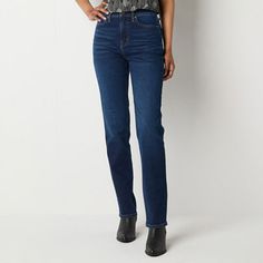 Add a fashion-forward touch to an outfit with these a.n.a women's high-rise straight-leg denim jeans with distressed knees. They're crafted from a cotton-blend with a button-zip fly, two front slip pockets, and two back slip pockets. Style them with a pretty blouse and slide sandals for a chic, relaxed look. Closure Type: Button & ZipperPockets: 1 Front Coin Pocket, 2 Front Slip Pockets, 2 Back Slip PocketsRise: High RiseFiber Content: 89% Cotton, 5% Recycled Cotton, 5% T400 Elasterell-P, 1% Lyc Pretty Blouses, Tall Jeans, Long Jeans, Straight Leg Denim, Petite Jeans, Jeans Straight Leg, Recycled Cotton, Jeans Straight, Slide Sandals