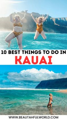 two women in bikinis jumping into the ocean with text overlay that reads 10 best things to do in kauai