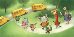 children's book illustration with animals and busses on the road in front of them