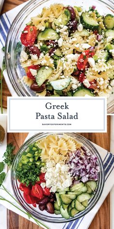 greek pasta salad with cucumbers, tomatoes, olives and feta cheese