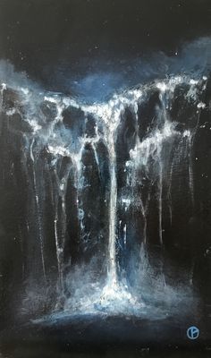 a painting of a waterfall in the dark