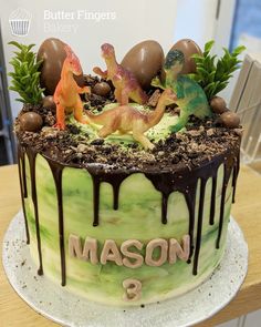 a birthday cake decorated with dinosaurs and plants on top of a wooden table in front of a sign that says mason 3